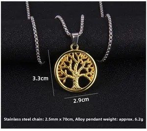 Detail of golden tree of life pendant with 2.5mm chain dimensions and size specs