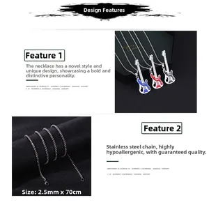 Detail view of guitar pendant necklaces in red, blue and black with stainless steel chain