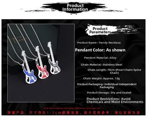 Close-up of guitar pendants with 70cm stainless steel chains in red and blue