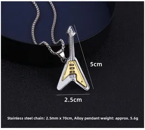 Macro detail of the stainless steel guitar pendant with dual-tone finish and 70cm chain