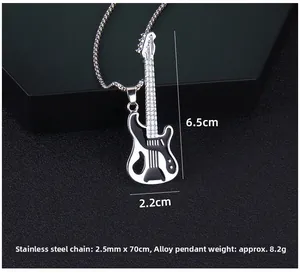 Detail view of guitar necklace pendant with dimensions 6.5x2.2cm and 70cm chain length