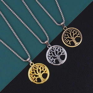 Vintage Tree Of Life Stainless Steel Pendant Necklace Hollow Round Medallion Alloy Tree Long Chain For Women Men Unisex Jewelry