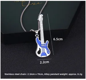 Detail of blue and white enamel guitar pendant with long stainless steel chain