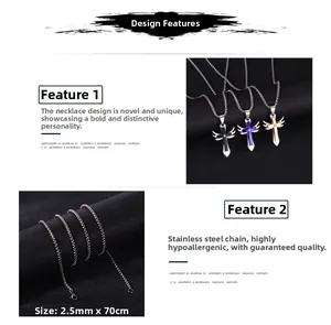 Détails du collier en acier inoxydable de 2,5mm avec croix et ailes en trois couleurs