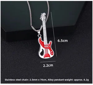Macro detail of red and white guitar pendant with dimensions and stainless steel chain