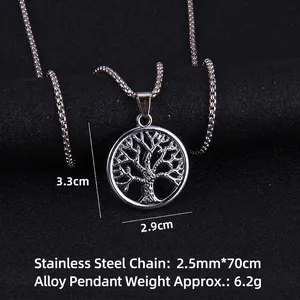 Silver Tree of Life镂空 pendant necklace with a long stainless steel chain for men and women