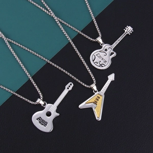 Stainless Steel Alloy Guitar Pendant Necklace Musical Instrument Design Long Sweater Chain Rock Music Jewelry For Men Women