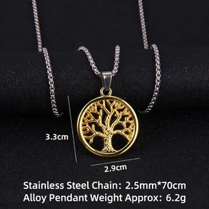 Gold stainless steel tree of life necklace with round cutout pendant and 70cm long chain