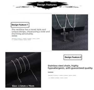 Detail of 2.5mm stainless steel chain and cross pendant with 70cm length measurement