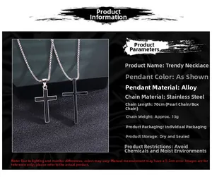 Detailed specs of cross necklace with 70cm stainless steel chain and alloy pendant