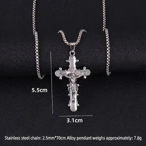 Collier crucifix vintage en acier inoxydable avec longue chaîne et gravure INRI précise
