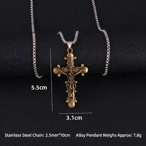 Pendentif crucifix vintage en bronze sur chaîne à billes en acier avec dimensions
