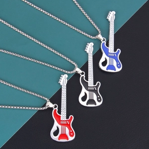 Vintage Guitar Stainless Steel Alloy Pendant Necklace For Men Women Individual Rock Punk Music Theme Jewelry Long Chain Accessory