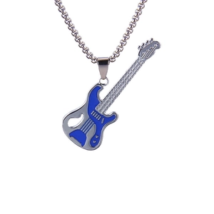 Vintage guitar pendant necklace with blue enamel on stainless steel box chain