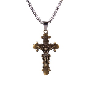 Collier avec pendentif croix en acier inoxydable vintage et finition bronze antique