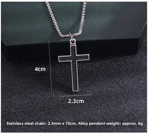 Close-up of a black cross pendant with stainless steel chain measuring 70cm and 4cm x 2.3cm