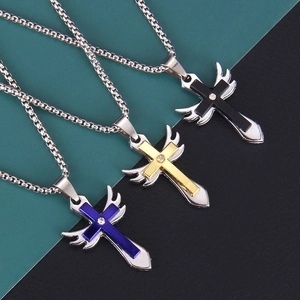 Collier Pendentif Croix Ailes Vintage Chaîne en Acier Inoxydable Alliage Strass Chaîne Longue Homme Femme Bijoux Religieux