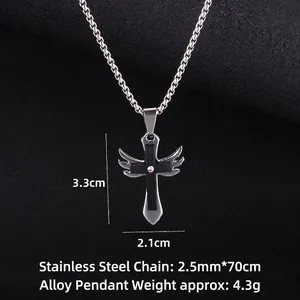 Collier vintage en acier inoxydable avec ailes d'ange et pendentif croix avec cristal