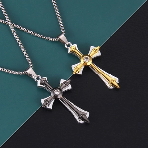 Collana a Croce Gotica Vintage in Acciaio Inossidabile per Uomo Donna Ciondolo con Intarsio in Strass Catena Box Gioielli