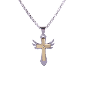 Collier vintage en acier inoxydable avec ailes d'ange et cristal sur longue chaîne