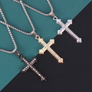 Minimalistische Edelstahl Legierung Strass Kreuz Anhänger Halskette Für Unisex Mode Religiöse Lange Pulloverkette Schmuck