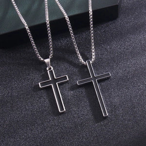 Vintage punk cross pendant necklace with black enamel inlay in stainless steel