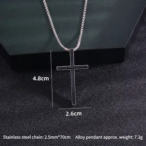 Vintage black enamel cross pendant with a stainless steel box chain for men and women