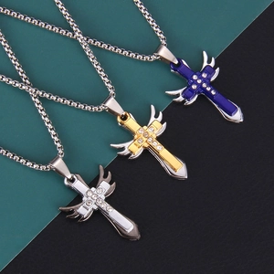 Collana Con Pendente a Croce e Ali in Lega di Acciaio Inossidabile Strass Vintage Hip Hop Catena Lunga Gioielli Unisex