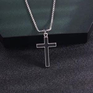 Vintage gothic cross pendant necklace in black enamel and stainless steel box chain