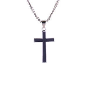 Vintage stainless steel cross pendant necklace with black enamel inlay on silver chain
