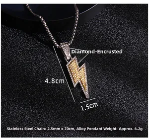 Macro view of lightning bolt pendant with white and yellow diamonds on stainless chain