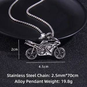 Vintage motorcycle pendant necklace in retro silver alloy with stainless steel chain
