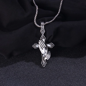 Stainless Steel Praying Hands Cross Pendant Necklace For Men Women Punk Gothic Antique Silver Color Religious Long Jewelry Gift