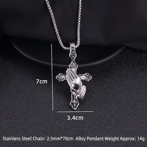 Punk style stainless steel cross necklace with praying hands pendant on black background