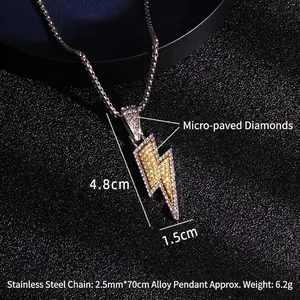 Hip hop lightning bolt pendant necklace with silver and gold crystals on steel chain