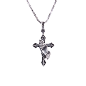 Gothic stainless steel praying hands cross pendant necklace with vintage silver finish