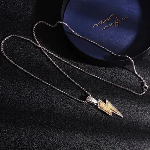 Hip hop lightning bolt pendant necklace with yellow rhinestones on silver bead chain