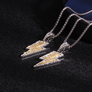 Hip-hop lightning bolt pendant necklaces with clear and gold rhinestones for men