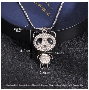 Close-up of cute panda pendant with sparkling crystals and durable stainless steel chain