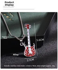 Detailansicht der bunten Gitarren-Halskette mit roter Emaille und Stahlkette