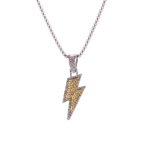 Hip hop lightning bolt pendant necklace with inlaid crystals and silver square mesh chain