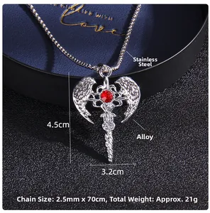 Detail of angel wing sword pendant with red gemstone and stainless steel chain