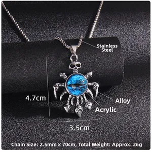 Macro detail of gothic skull eye pendant necklace with stainless steel chain and alloy charm
