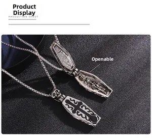 Gothic silver coffin pendant necklace with cross and interior skull relief detail