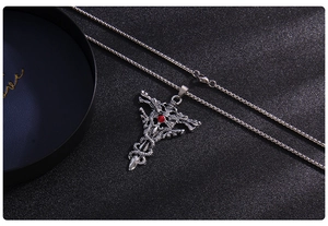 Gothic punk necklace featuring a double dragon cross pendant with a red rhinestone inlay