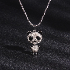 Cute Panda Pendant Necklace For Women Men Stainless Steel Box Chain Alloy Rhinestone Inlaid Movable Animal Charm Jewelry Gift
