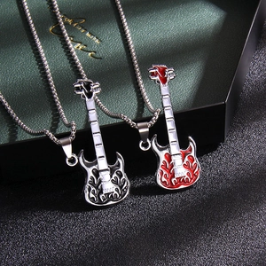 Rock Hip Hop Gitarre Anhänger Halskette Edelstahlkette Emaille Flamme Musikinstrument Punk Schmuck Geschenk Für Damen Herren