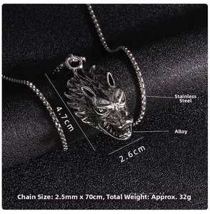 Close-up of vintage wolf head pendant with detailed measurements and size tags