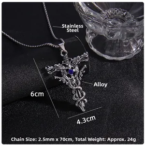 Detailed size specifications for punk dragon cross pendant with blue rhinestone inlay
