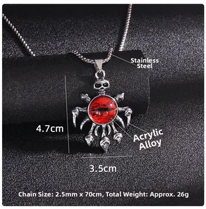Gothic skull pendant with red evil eye detail and stainless steel chain dimensions